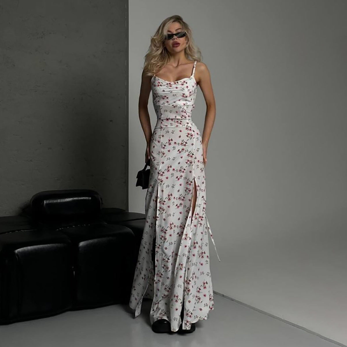 Robe Maxi Femme Slim Fit Bretelles Spaghettis Fente Haute Imprimé Floral Chic Élégante Pour Été