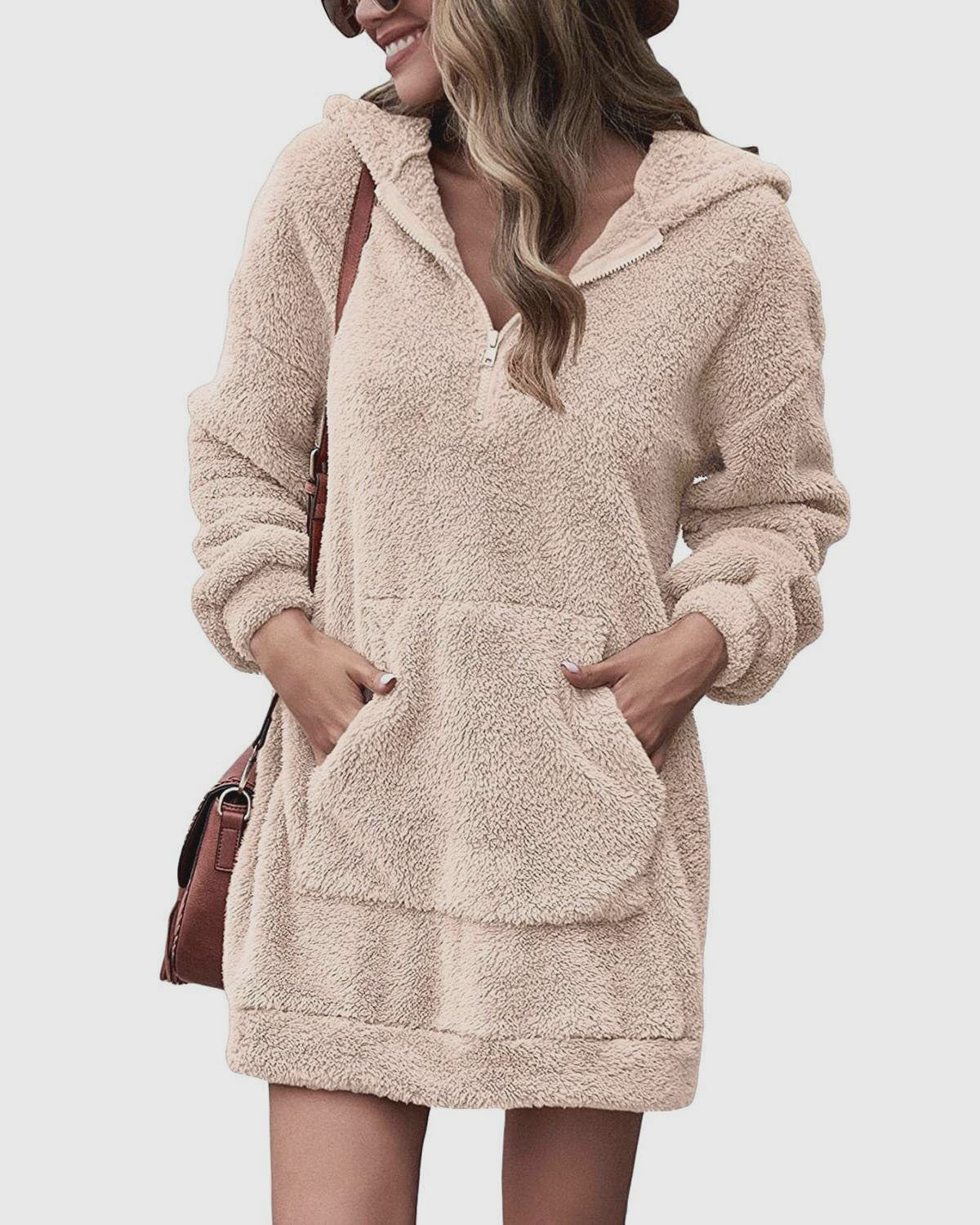 Damen Kuscheliger Hoodie-Kleid mit praktischen Taschen und halben Reißverschluss Amawinc