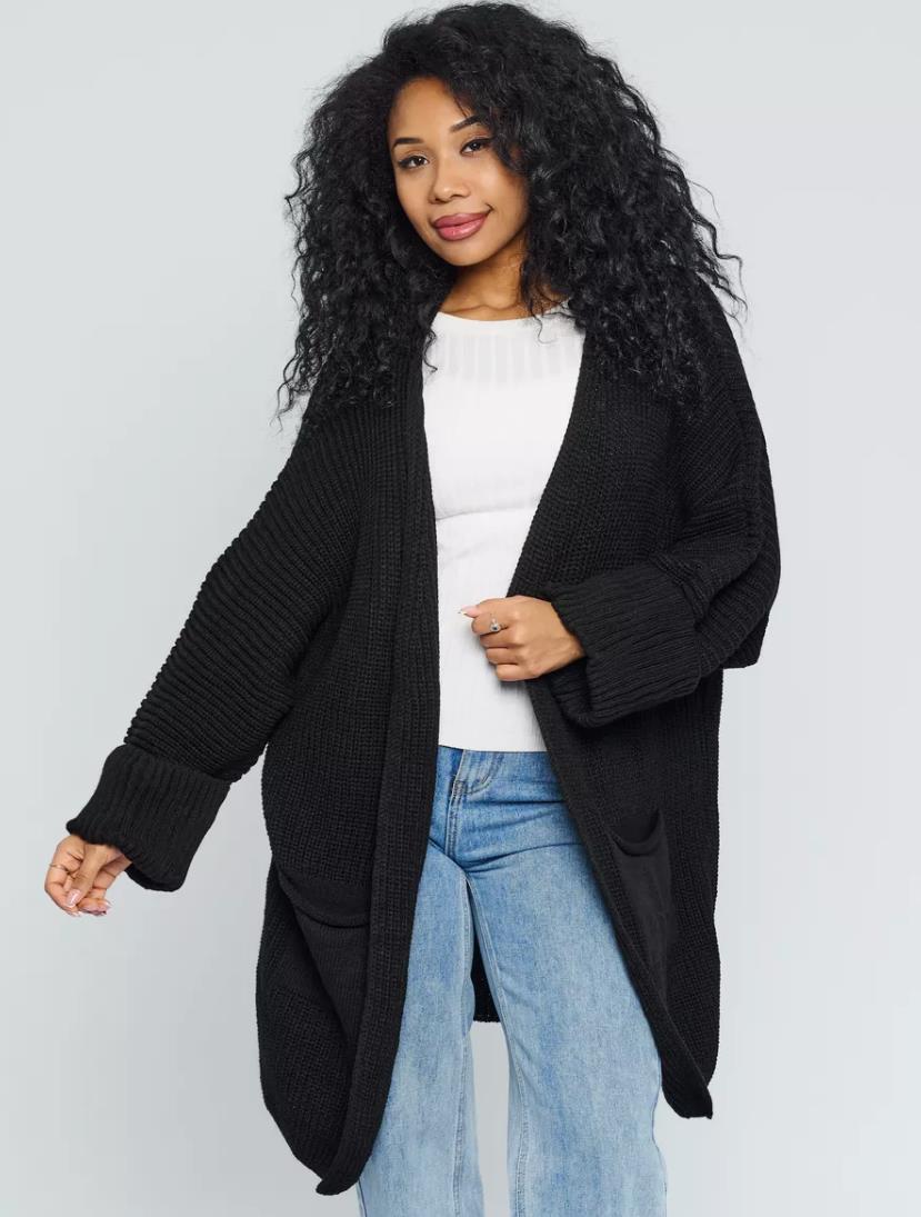 Cardigan Tricot Pour Femme Oversize En Mélange De Laine Ouvert Devant Avec Manches Côtelées