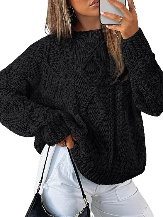 Damen Relaxed Strickpullover mit Zopfmuster Amawinc