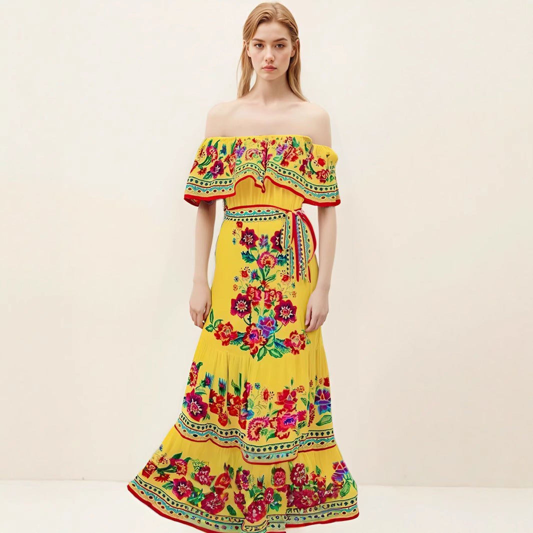 Robe Maxi Femme Épaules Dénudées Motif Floral Froncé Buste Jupe À Étages Élégante Été Amawinc