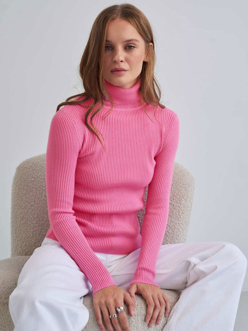 Pull Col Roulé Femme Coupe Slim Tricot Côtelé Manches Longues Couche Élastique Idéal Pour Superposer
