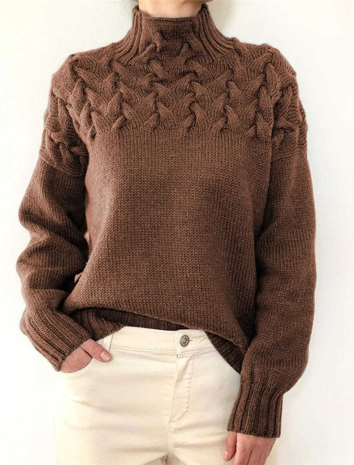 Damen Grobstrickpullover mit Stehkragen und Zopfmuster Amawinc