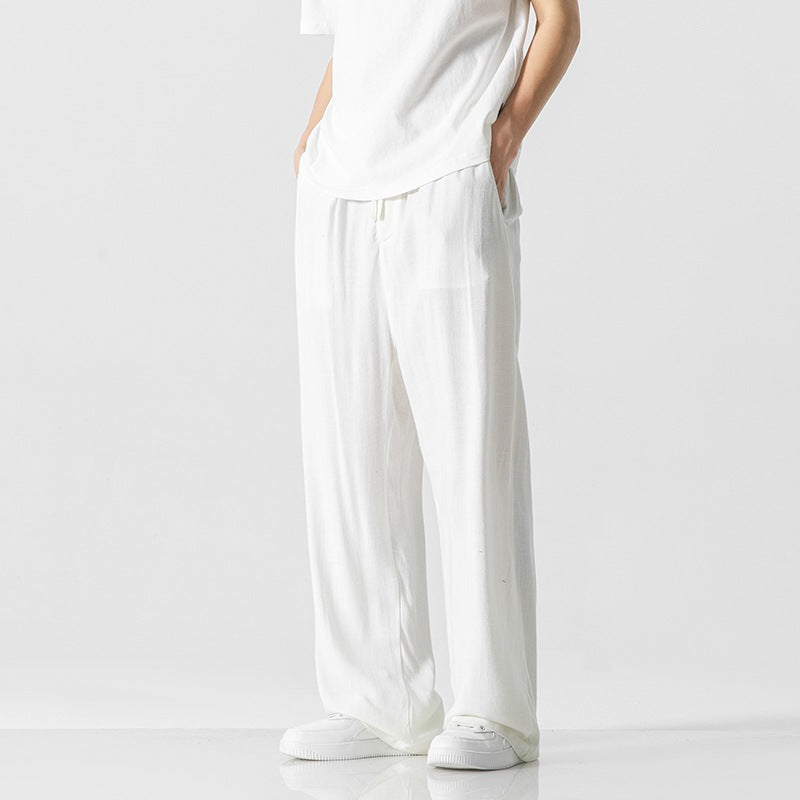 Pantalon Homme Lin Mélangé Avec Ceinture À Cordon Décontracté Coupe Ample Longueur Entière Pour Port Quotidien