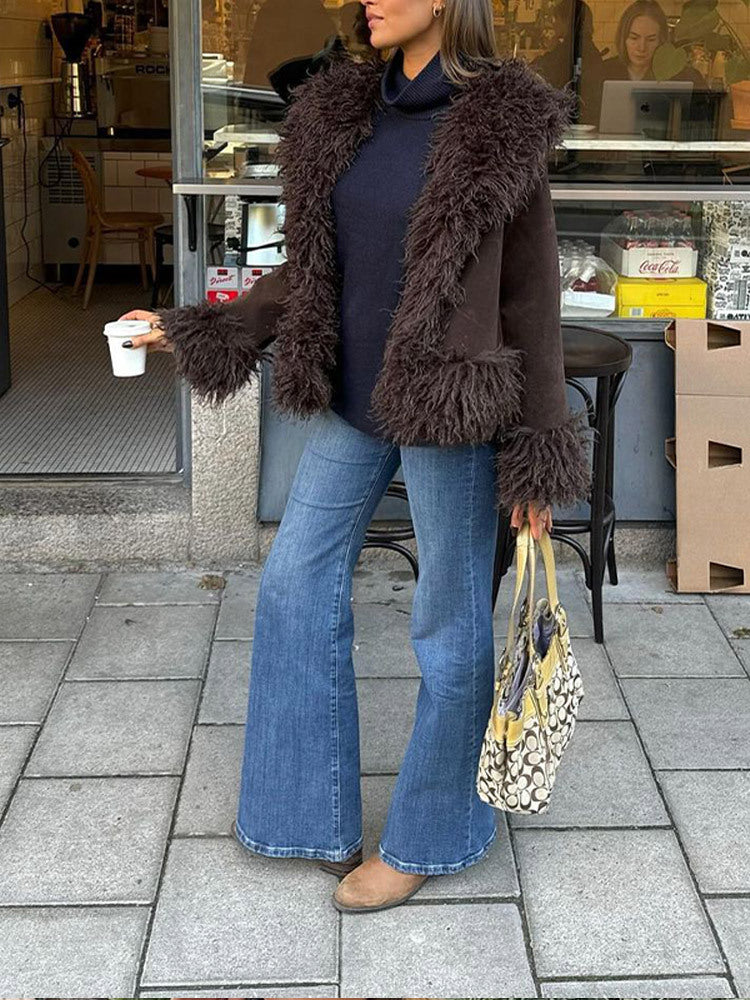 Damen lässige Kurzjacke aus plüschigem Material mit einzigartigem Schnitt Amawinc