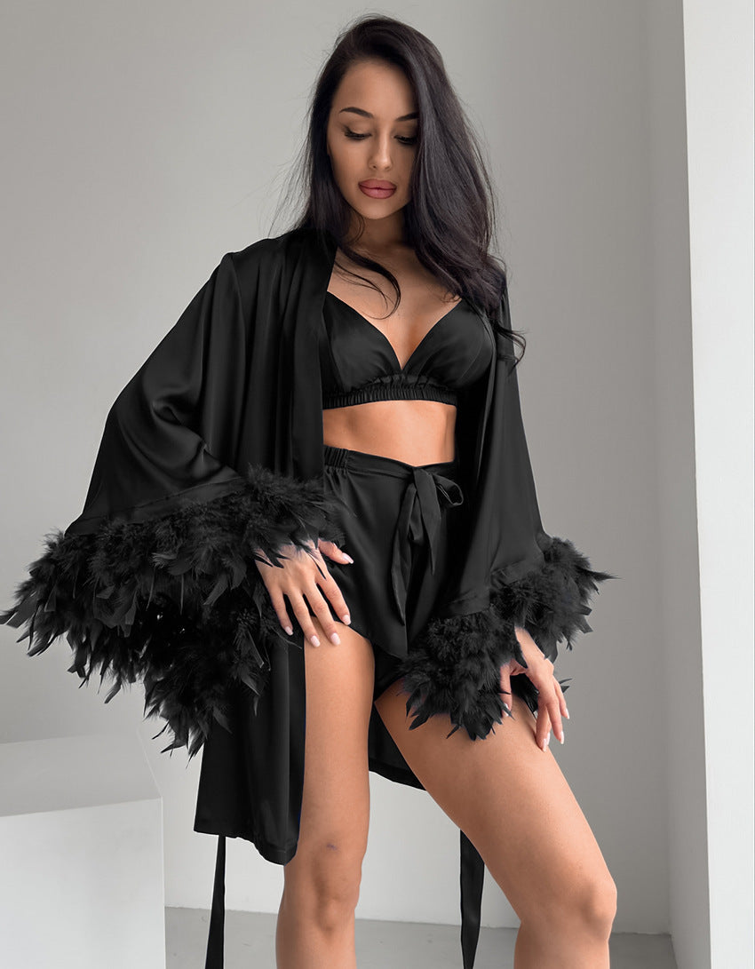 Damen Satin Kimono mit Federn Amawinc