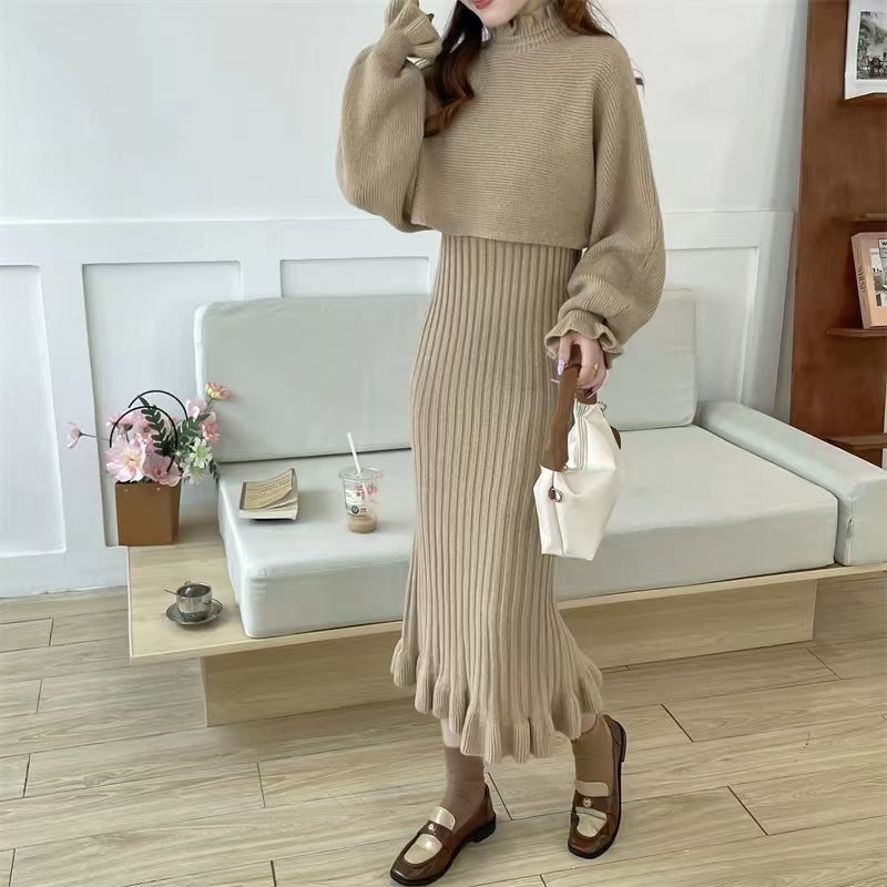 Damen Strickkleid mit hochgeschlossenem Kragen und Rippstruktur Amawinc