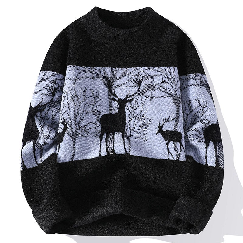 Pull Homme Maille Coupe Décontractée Col Montant Bord Côtelé Motif Cerf Style Nordique Chaud