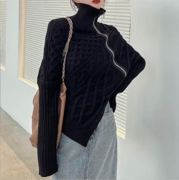 Damen hochwertiger Strickpullover mit hohem Kragen und asymmetrischem Design Amawinc