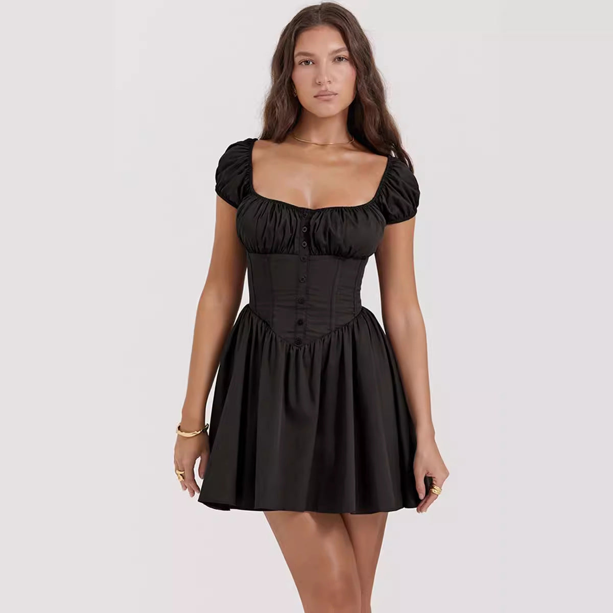 Amawinc Robe Mini Femme Slim Fit Manches Bouffantes Encolure Carré Bouton Léger Coton Mélangé