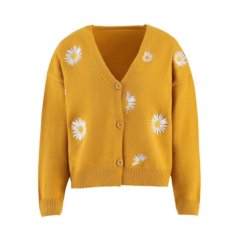 Damen Strickjacke mit Blumenstickerei und V-Ausschnitt Amawinc