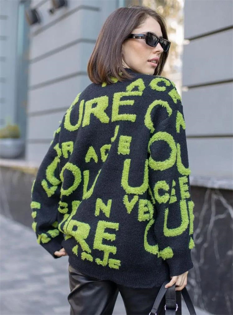 Damen Oversized Strickpullover mit auffälligem Schriftzug und lässiger Passform Amawinc