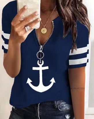 Damen maritim inspirierter Kurzarm Pullover mit Reißverschluss und Anker-Motiv Amawinc