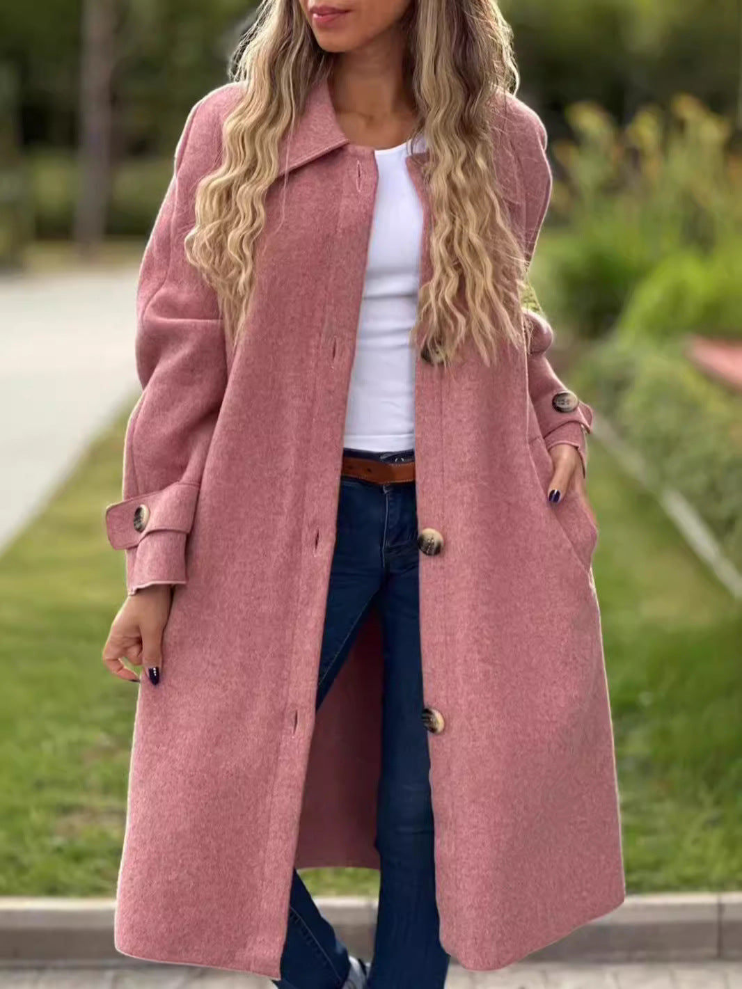 Manteau Long Pour Femme En Mélange De Laine Coupe Décontractée Boutonné Devant Col Classique Longueur Pleine Amawinc
