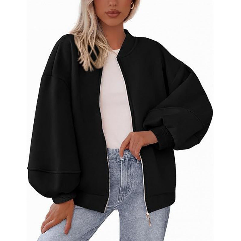 Damen lässige Oversized-Jacke mit Reißverschluss und ballonen Ärmeln Amawinc