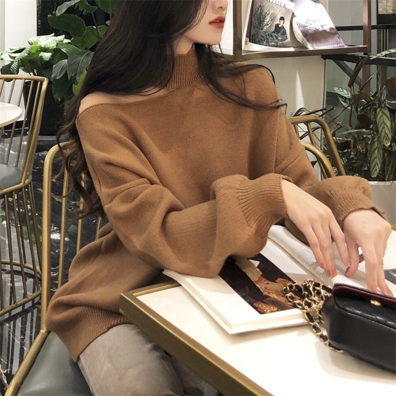 Damen modischer Oversized-Pullover mit schulterfreier Schnittführung und Rollkragen Amawinc