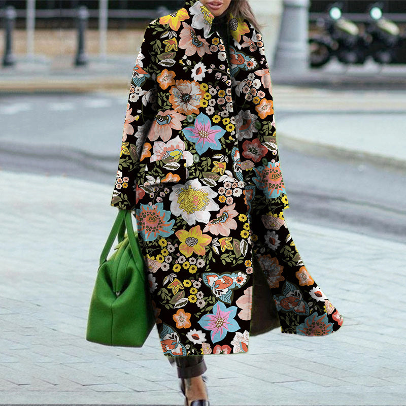 Damen Blumenmuster Maxi-Mantel mit elegantem Reverskragen und schwingendem Saum Amawinc