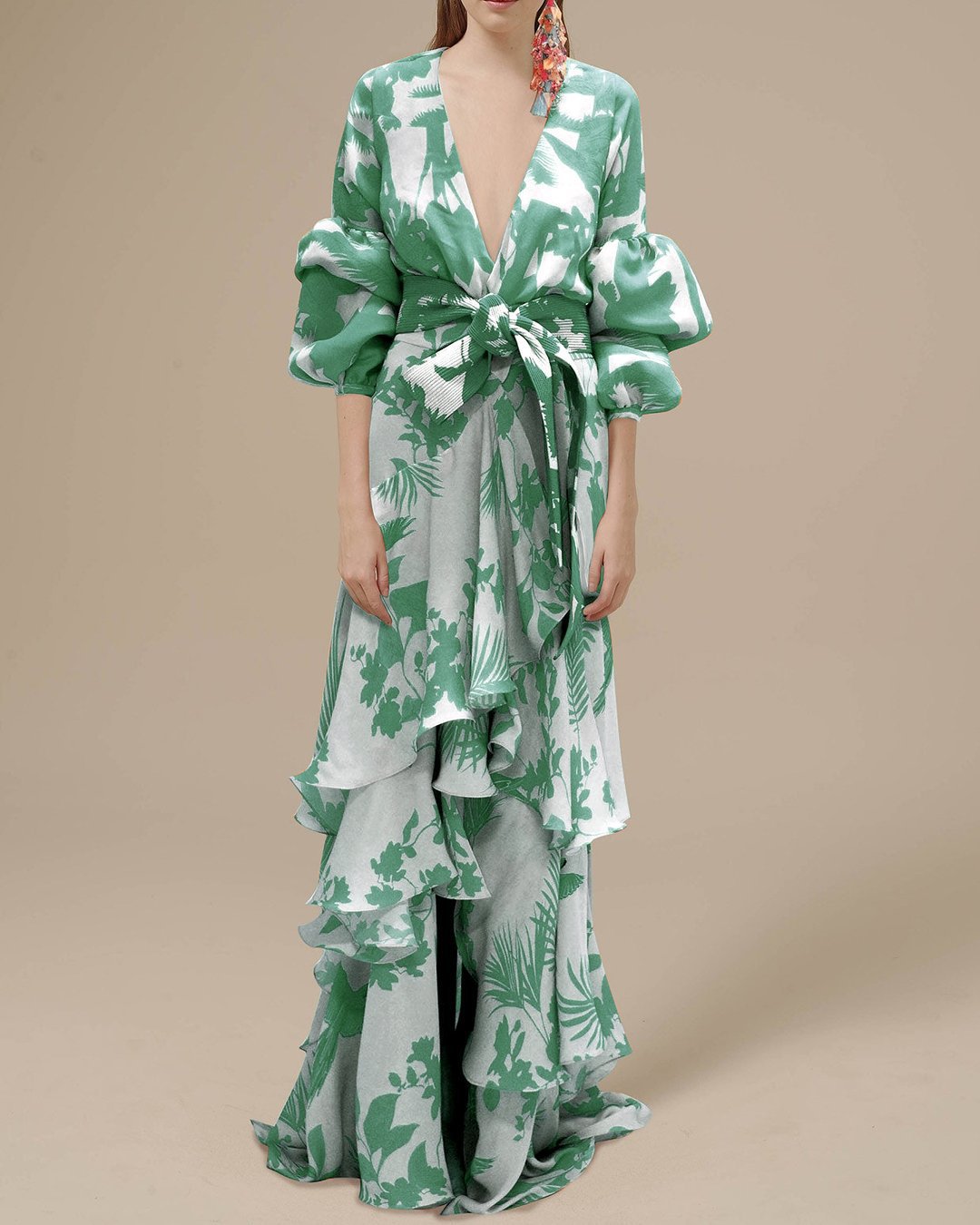 Robe Été Florale Maxi à Encolure V Manches Bouffantes Ceinture à la Taille Jupe Superposée Élégante