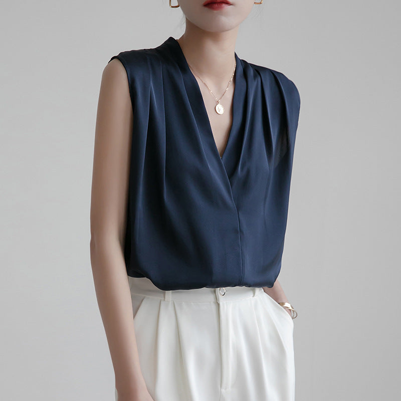 Blouse Plissée À Encolure En V Sans Manches Effet Drapé Satin Polyester Élégante