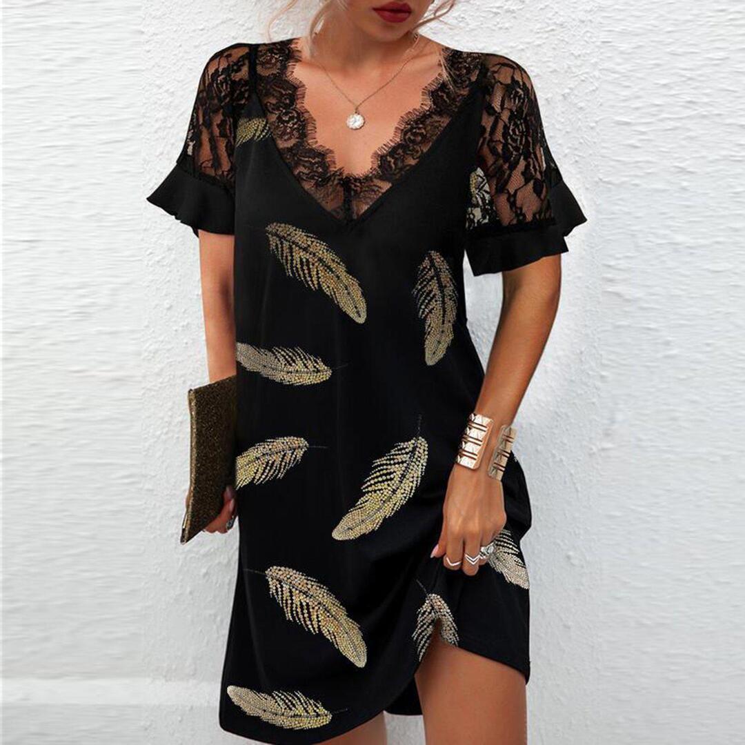 Kurzes, elegantes Spitzenkleid mit V-Ausschnitt von Fudus