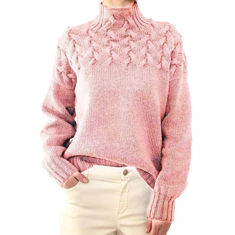 Damen Strickpullover mit hochgeschlossenem Kragen und trendigem Zopfmuster Amawinc