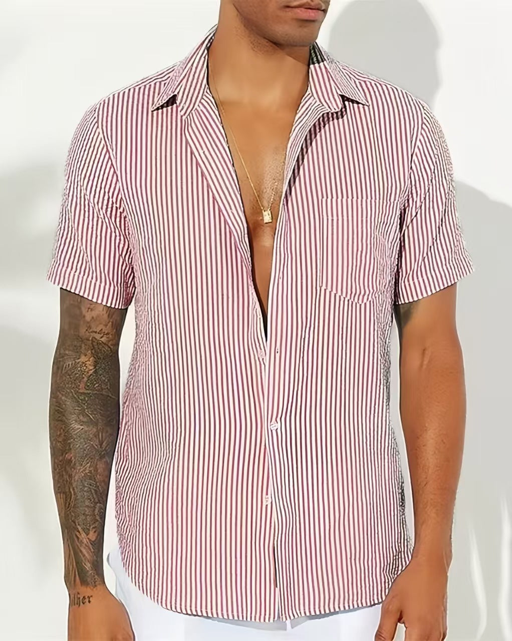 Chemise Homme À Rayures En Mélange De Coton Manches Courtes Coupe Décontractée Pour Style Quotidien
