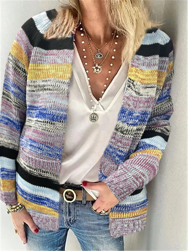 Damen Offen gestrickte Cardigan mit bunten Streifen und lässigem Schnitt Amawinc