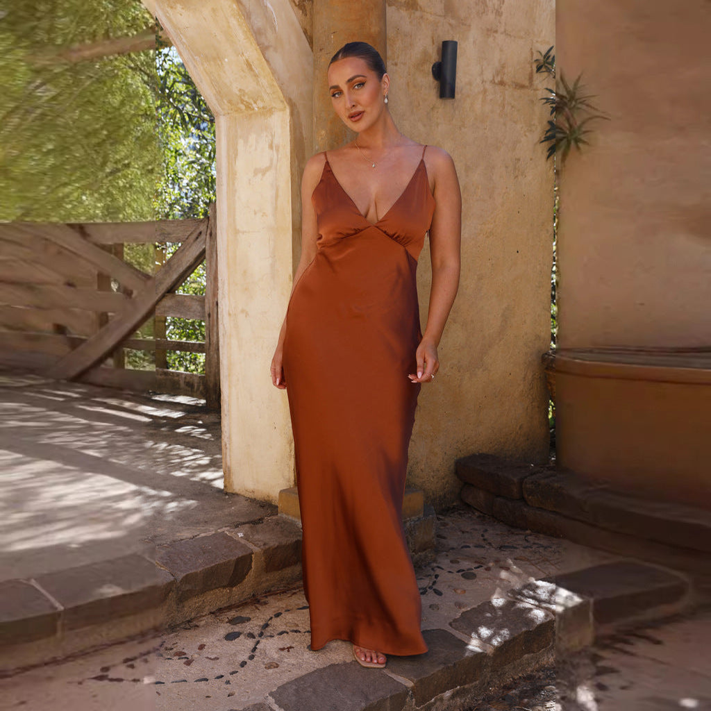 Robe De Soirée Pour Femme En Satin — Coupe Slim — Décolleté En V — Sans Manches — Dos Nu