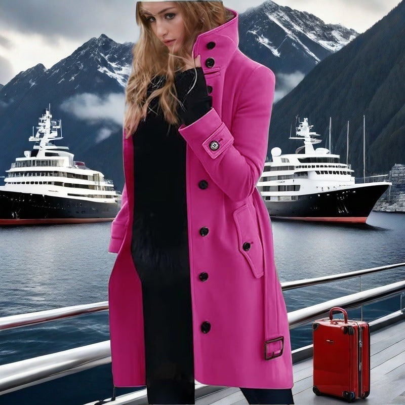 Damen eleganter Trenchcoat mit hohem Kragen und doppelter Knopfleiste Amawinc