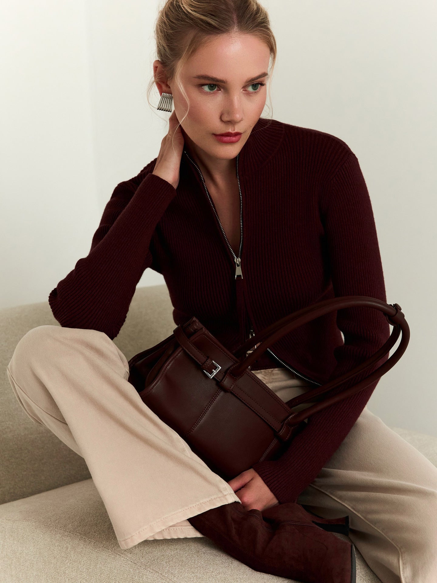 Damen Strickpullover mit hohen Kragen und Reißverschluss Amawinc