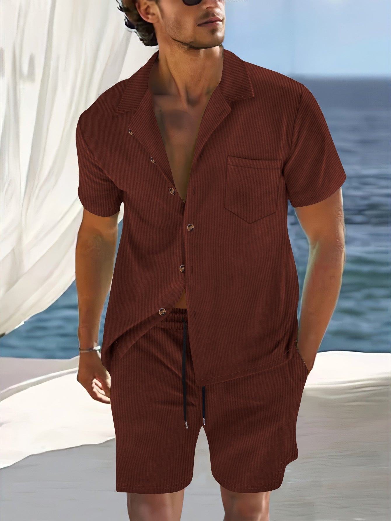 Ensemble Chemise Homme Manches Courtes Avec Col Revers Rayures Verticales Bouton Devant Deux Pièces Été Décontracté