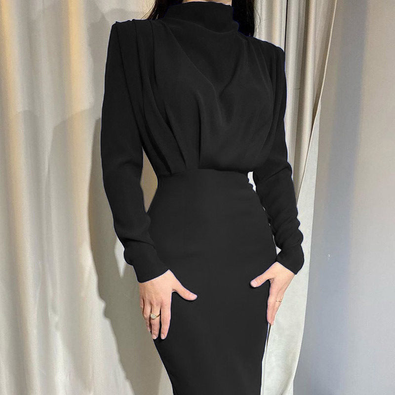 Damen Bodenkontakt Kleid mit elegantem Stehkragen und Raffungen Amawinc