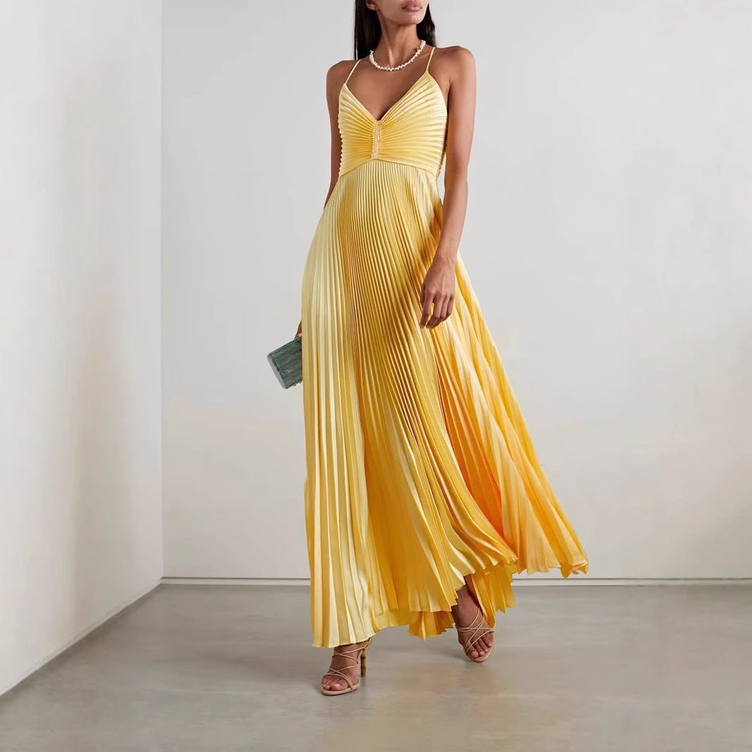 Robe Maxi Amawinc Pour Femmes Décolleté en V Plissée Chiffon Bretelles Spaghetti Élégance Estivale