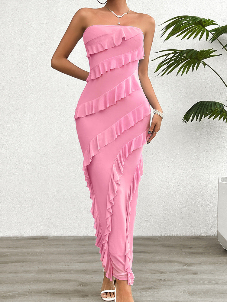 Robe Sans Bretelles Tailleur Longue À La Cheville Avec Volants Asymétriques Pour Soirées