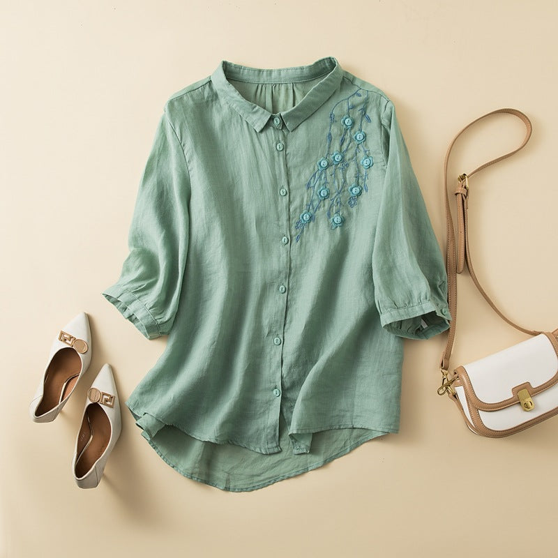 Chemise Femme En Fibres Naturelles Coupe Décontractée Avec Broderie Sur La Poitrine Manches Mi Longues