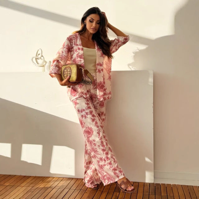 Ensemble Femme Floral Kimono Manches Trois Quartes Pantalon Large En Matière Légère Confort Et Style