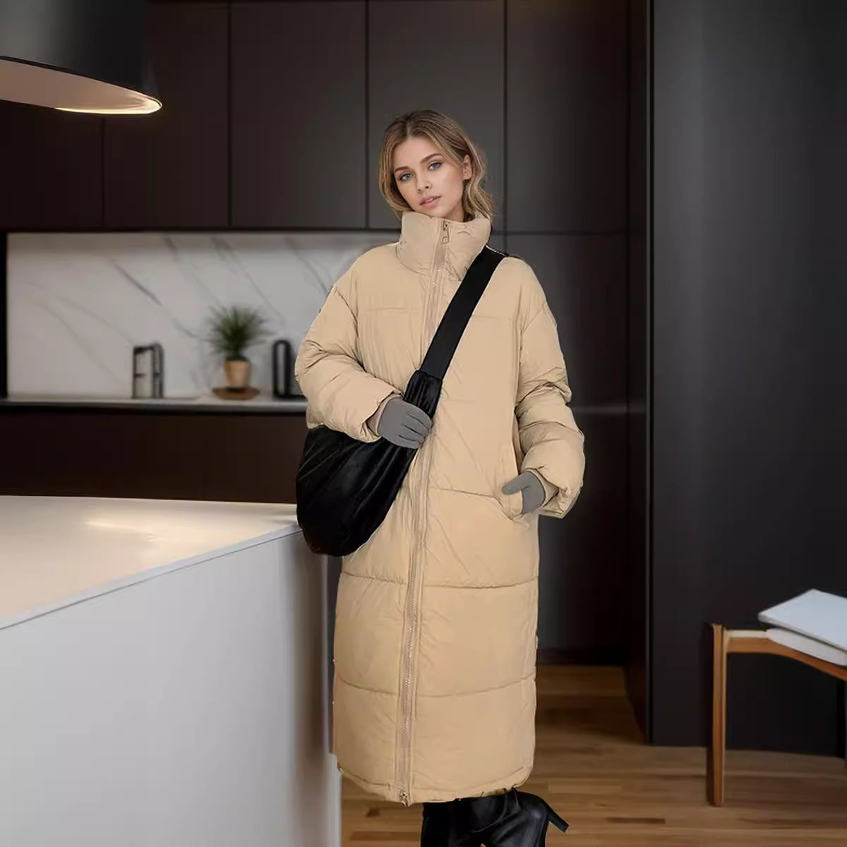 Damen langer, stilvoller Daunenmantel mit praktischer Kapuze und wärmendem Futter Amawinc