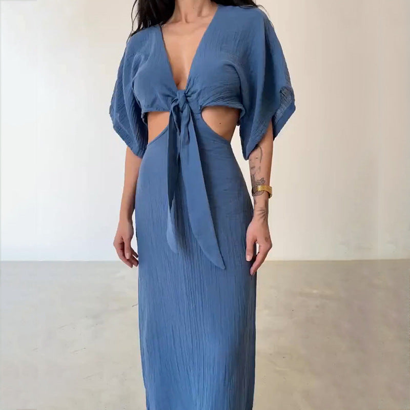 Robe Maxi Femme Slim Fit Décolleté En V Ouverture À La Taille Dos Nu Élégante Pour Événements