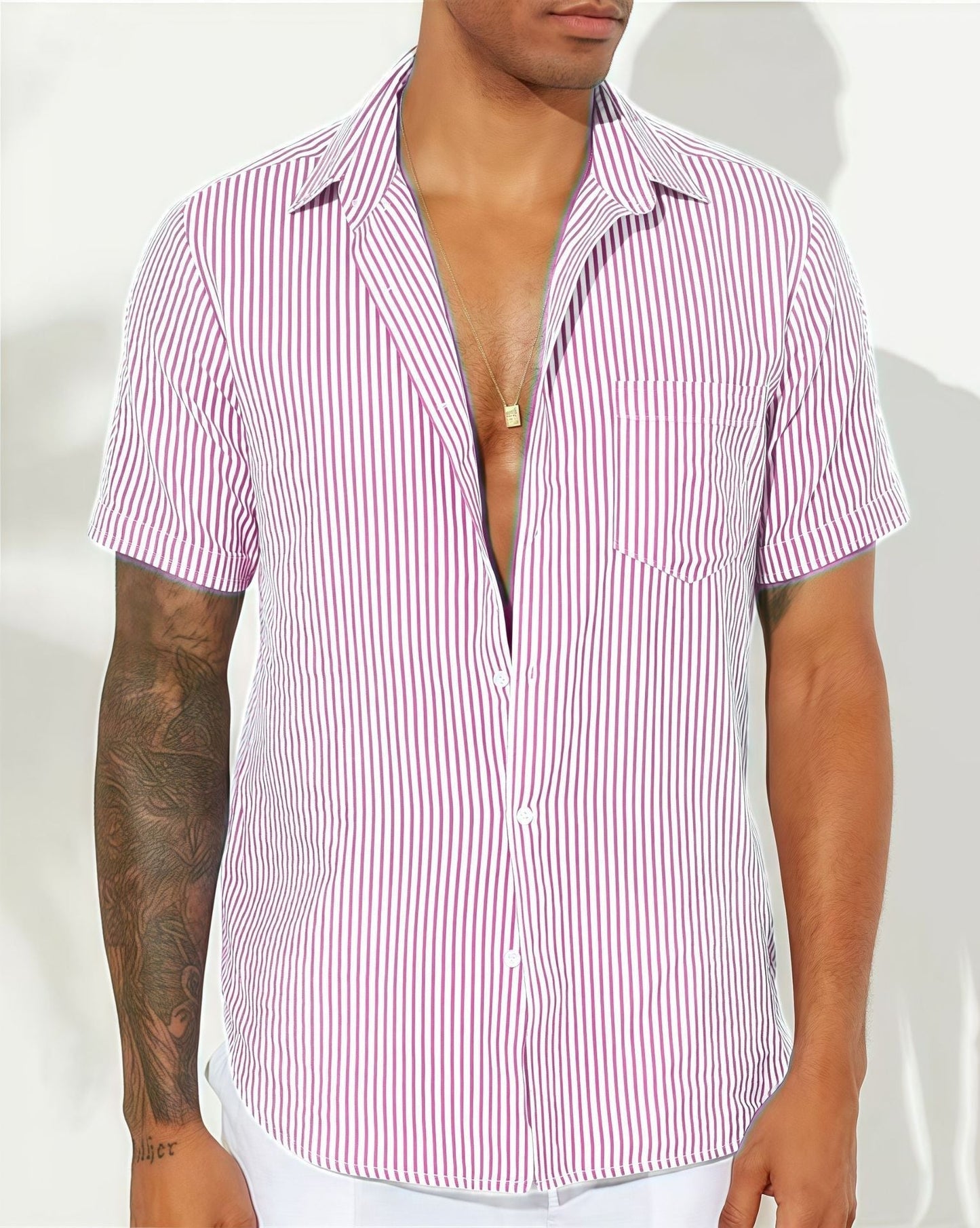 Chemise Homme À Rayures En Mélange De Coton Manches Courtes Coupe Décontractée Pour Style Quotidien