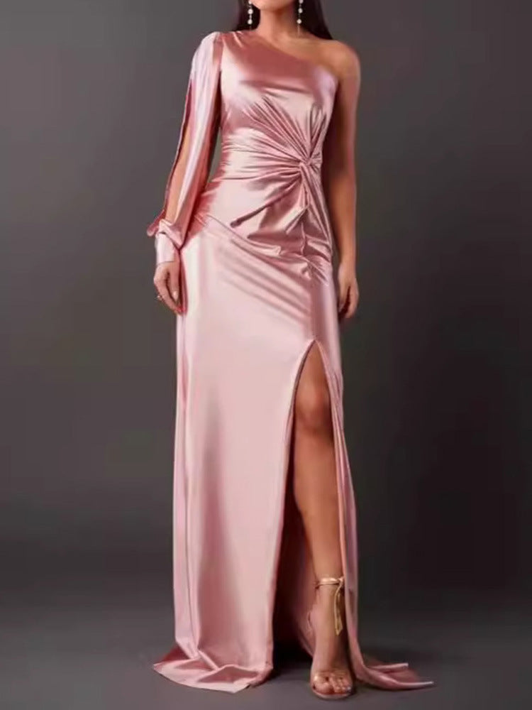 Damen Abendkleid mit asymmetrischem Ausschnitt und eleganter Faltenlegung Amawinc
