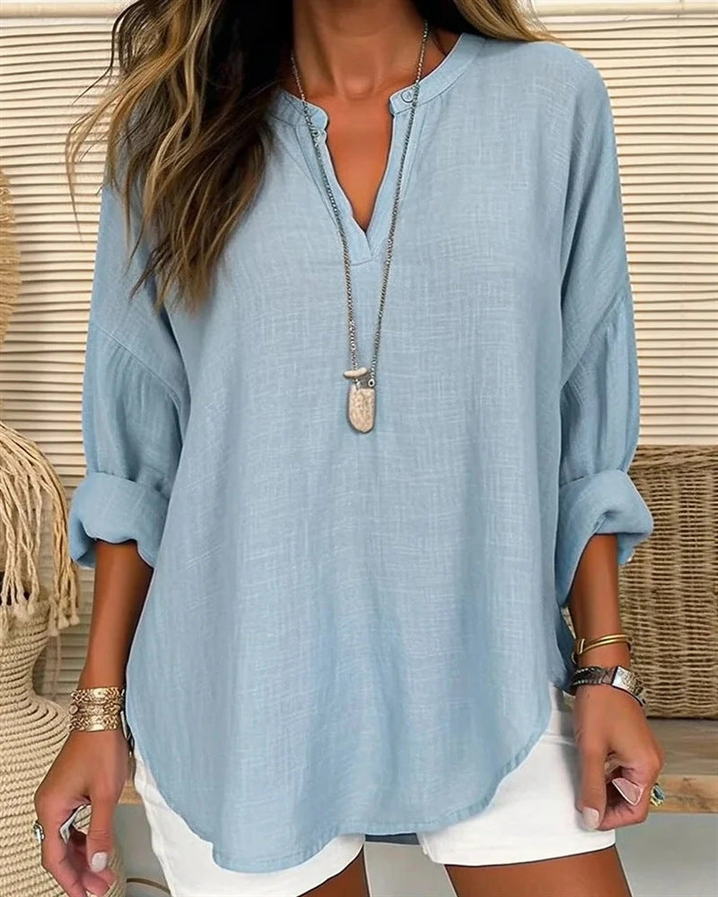Chemise Femme Manches Longues En Coton Lin Coupe Décontractée Col Montant Élégante Pour Tous Les Jours Amawinc