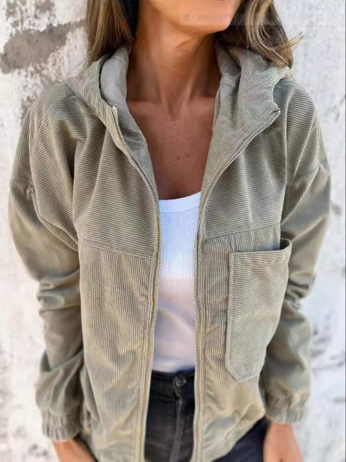 Veste À Capuche En Velours Côtelé Coupe Décontractée Zip Frontal Manches Élastiques Tenue Décontractée