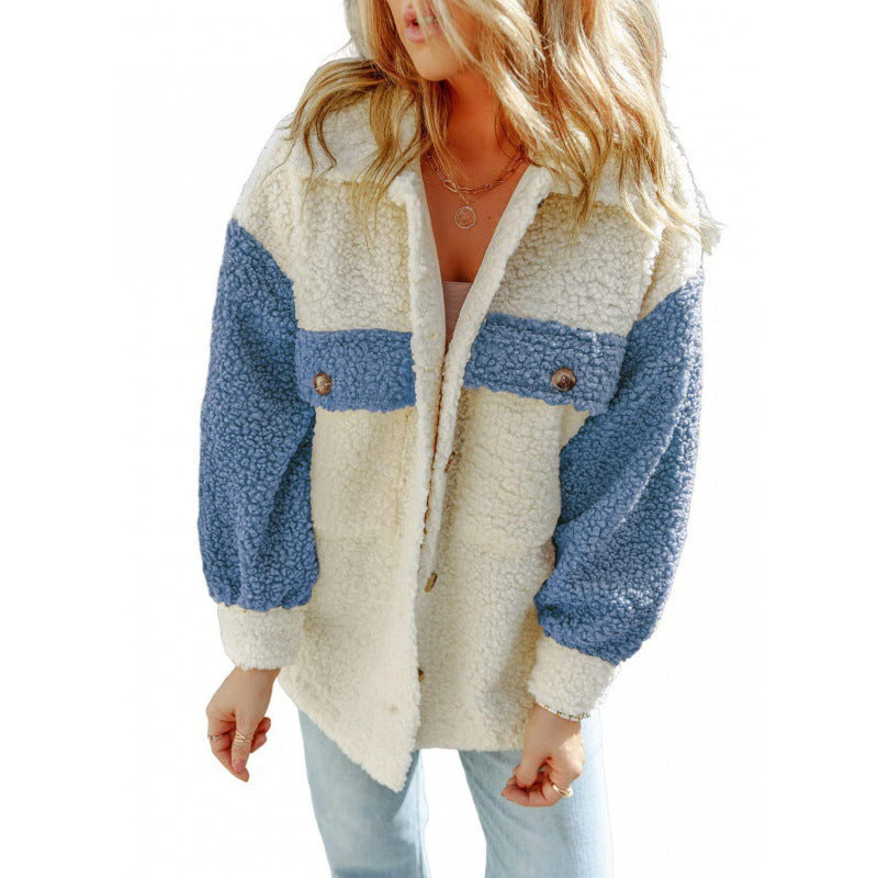 Damen Kuschelige Teddyjacke mit Kontrast-Ärmeln Amawinc