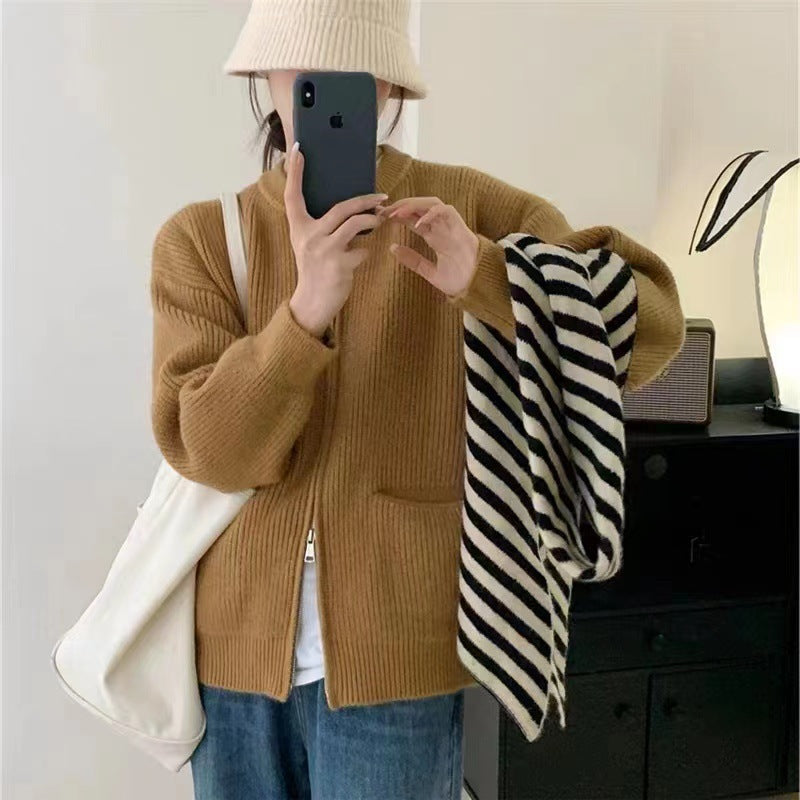 Cardigan Femme En Maille Côtelée Mélange Laine Coupe Oversize Avec Double Zip Poches