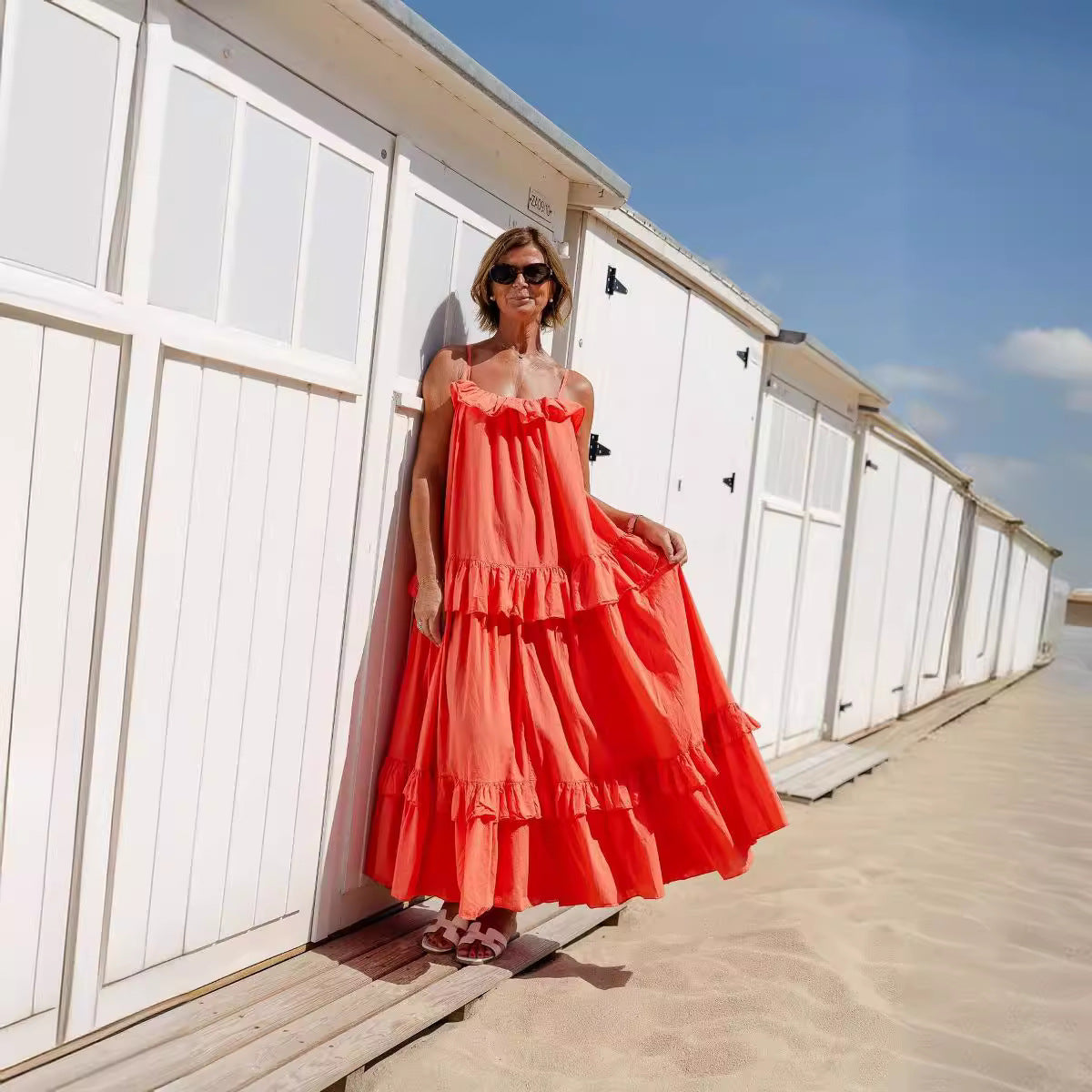 Robe Maxi Femme Fluide En Mélange De Coton Col À Volants Jupe En Couches Pour Été Vacances Élégante Amawinc