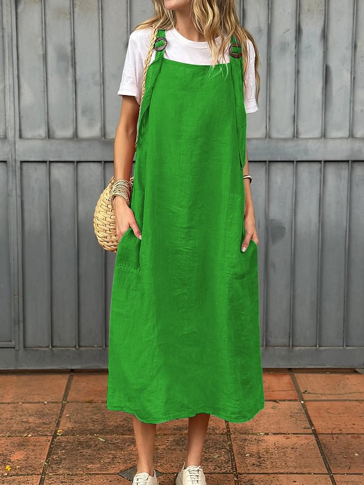 Damen lässiges Leinen-Trägerkleid mit praktischen Taschen Amawinc