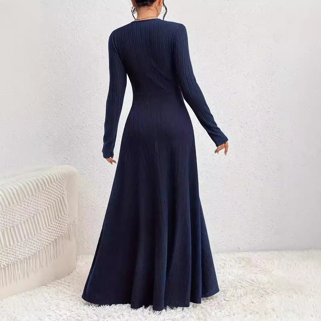 Robe Femme À Manches Longues Coupe Évasée Tissu Maille Doux Maxi Élégante Avec Taille Marquée