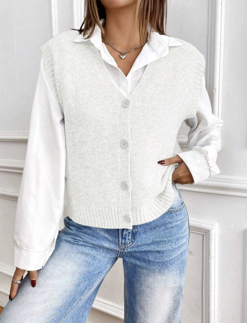 Damen Strickweste mit V-Ausschnitt und modischen Knöpfen Amawinc