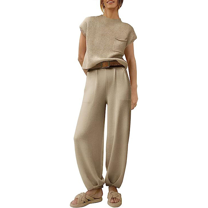 Ensemble En Maille Pour Femme Haut Court Avec Poche Poitrine Pantalon Large Taille Haute Confort Doux