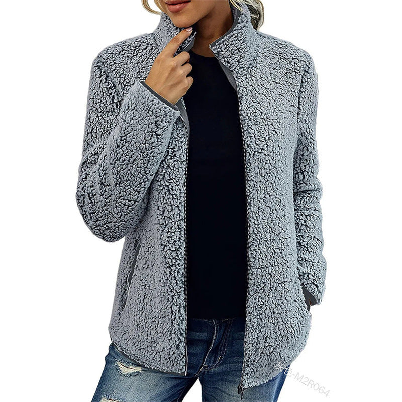 Damen flauschige Fleecejacke mit hohem Kragen und seitlichen Taschen Amawinc